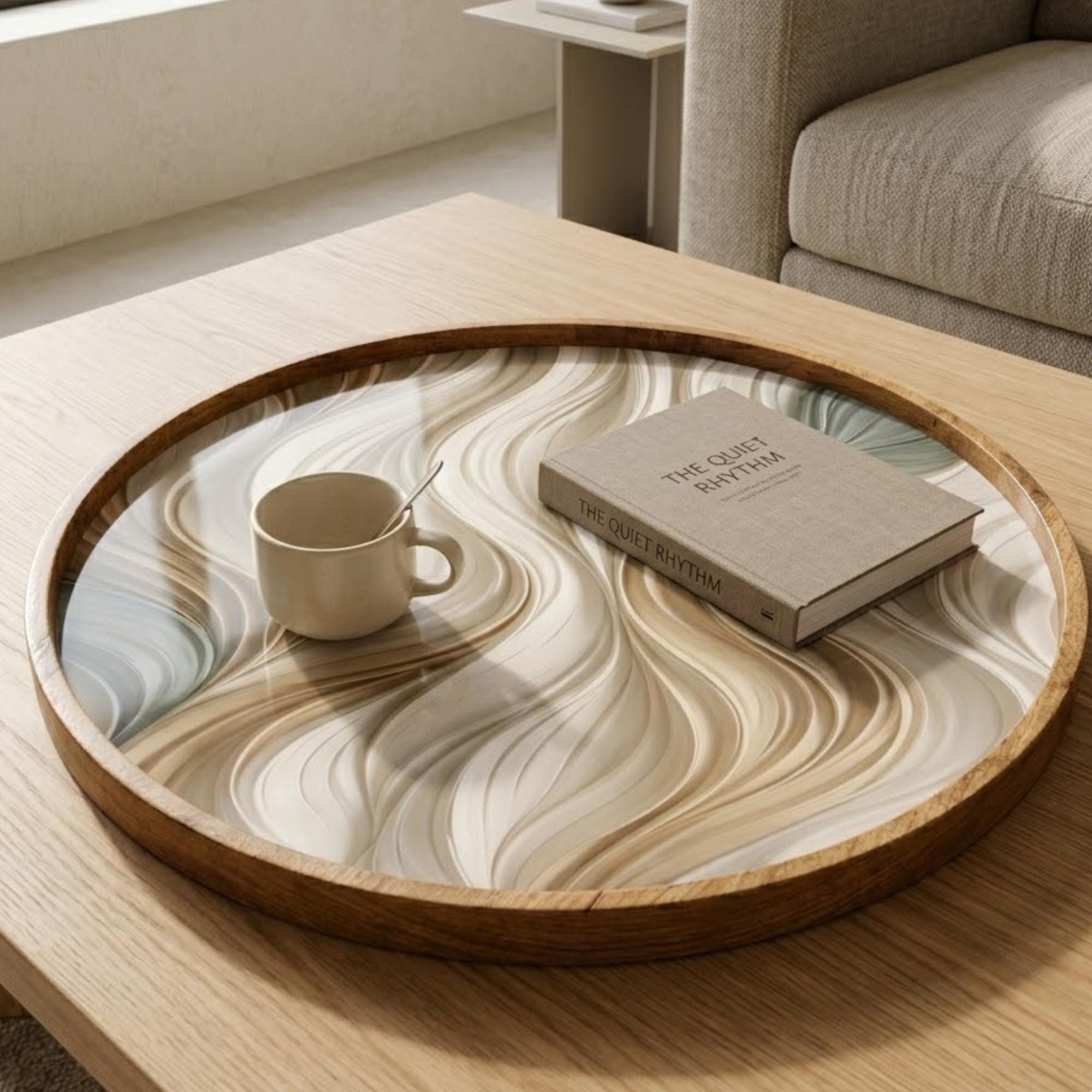 Abstract Wave Wooden Printed Platter | Round Mango Wood Tea Coffee Serving | Neutral Style
