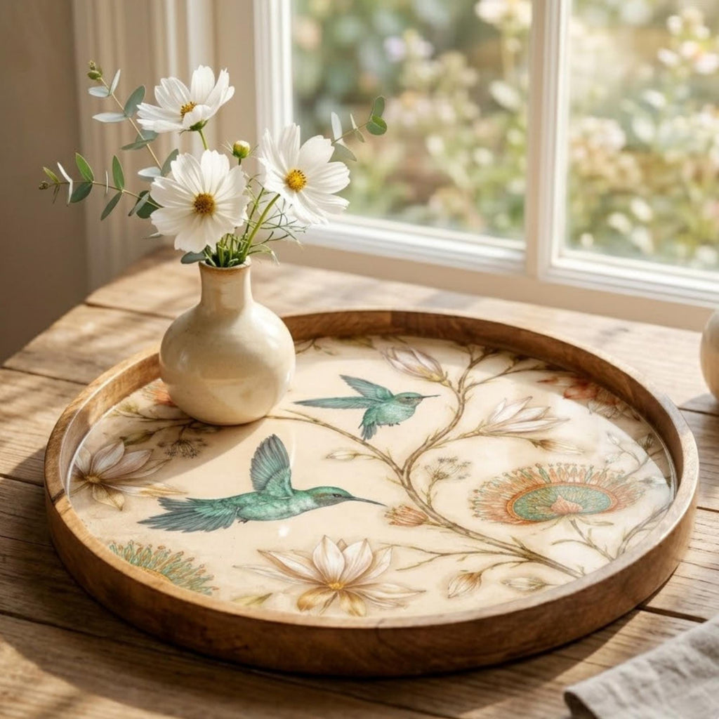 Hummingbird Wooden Tray Printed | Floral Mango Wood Round Tea Serving Decor Gift
