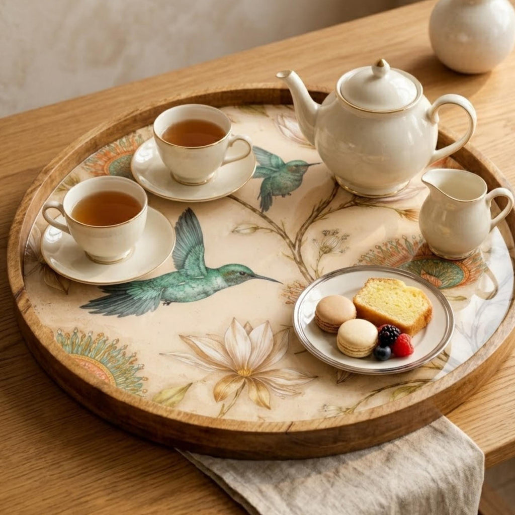 Hummingbird Wooden Tray Printed | Floral Mango Wood Round Tea Serving Decor Gift