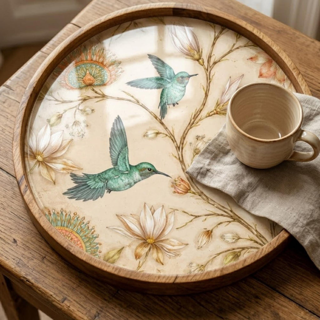 Hummingbird Wooden Tray Printed | Floral Mango Wood Round Tea Serving Decor Gift