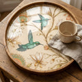 Hummingbird Wooden Tray Printed | Floral Mango Wood Round Tea Serving Decor Gift
