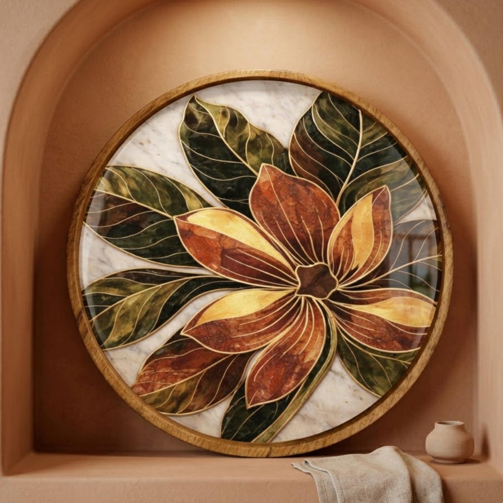 Floral Wooden Tray Printed | Mango Wood Round Serving Tea DecorTGJFYKFUIKUYFGHFH