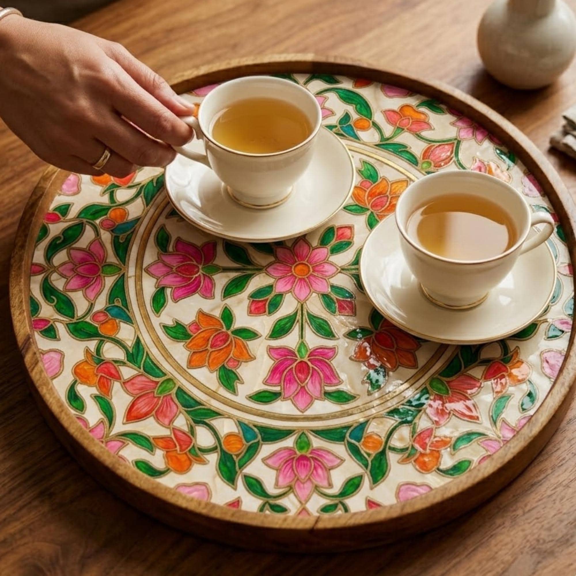 Colorful Floral Wooden Tray Printed | Mango Wood Round Tea Serving Decor