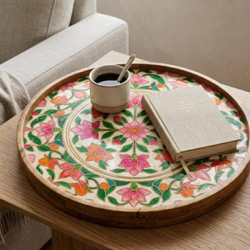 Colorful Floral Wooden Tray Printed | Mango Wood Round Tea Serving Decor
