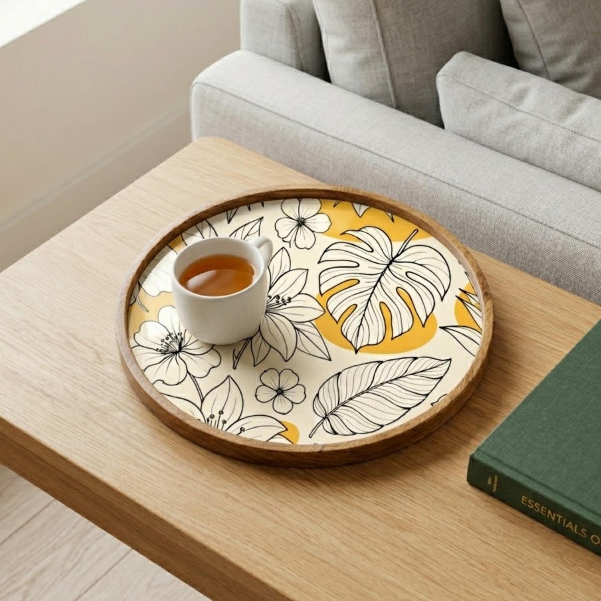 Yellow Floral Wooden Tray Printed | Mango Wood Round Tea Serving Decor