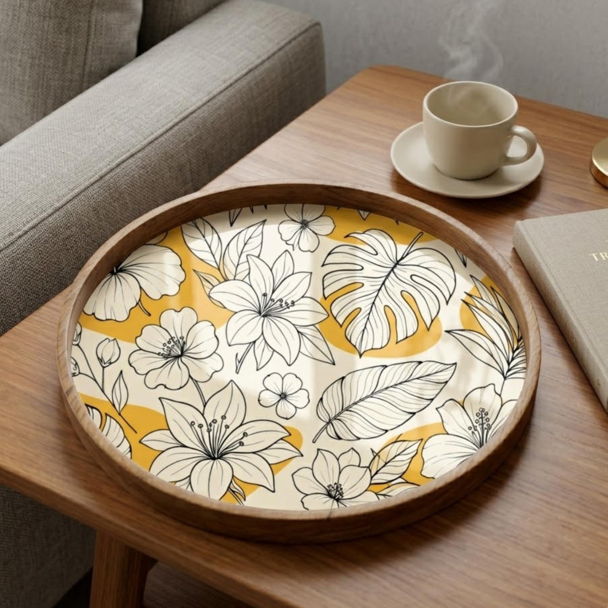 Yellow Floral Wooden Tray Printed | Mango Wood Round Tea Serving Decor