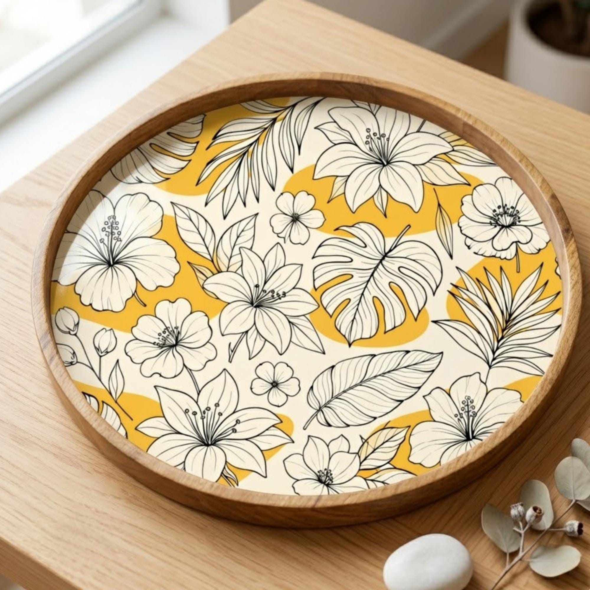 Yellow Floral Wooden Tray Printed | Mango Wood Round Tea Serving Decor