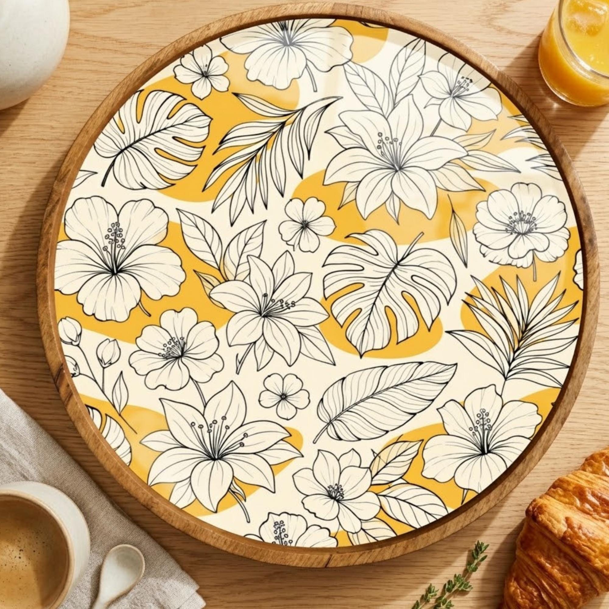 Yellow Floral Wooden Tray Printed | Mango Wood Round Tea Serving Decor