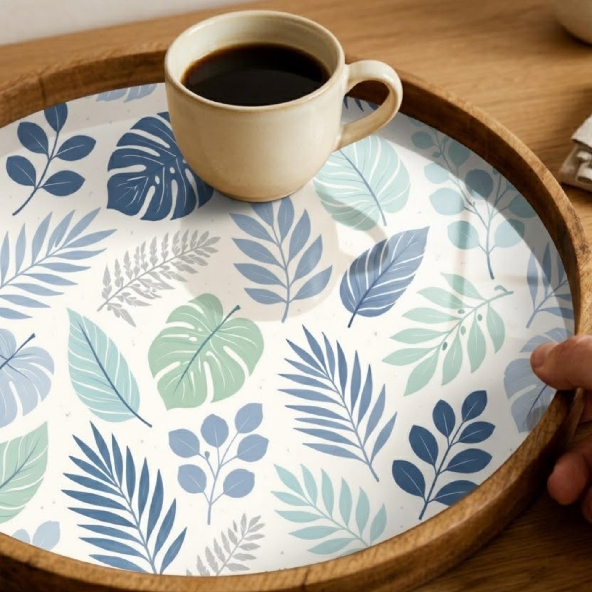 Blue Leaf Wooden Tray Printed | Mango Wood Round Tea Serving Decor