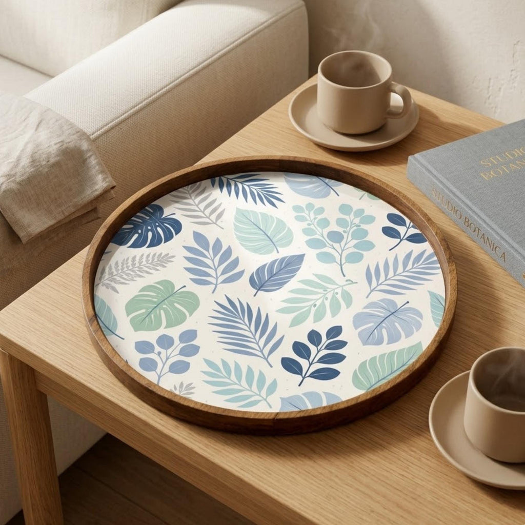 Blue Leaf Wooden Tray Printed | Mango Wood Round Tea Serving Decor