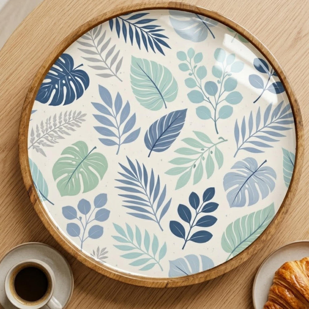 Blue Leaf Wooden Tray Printed | Mango Wood Round Tea Serving Decor
