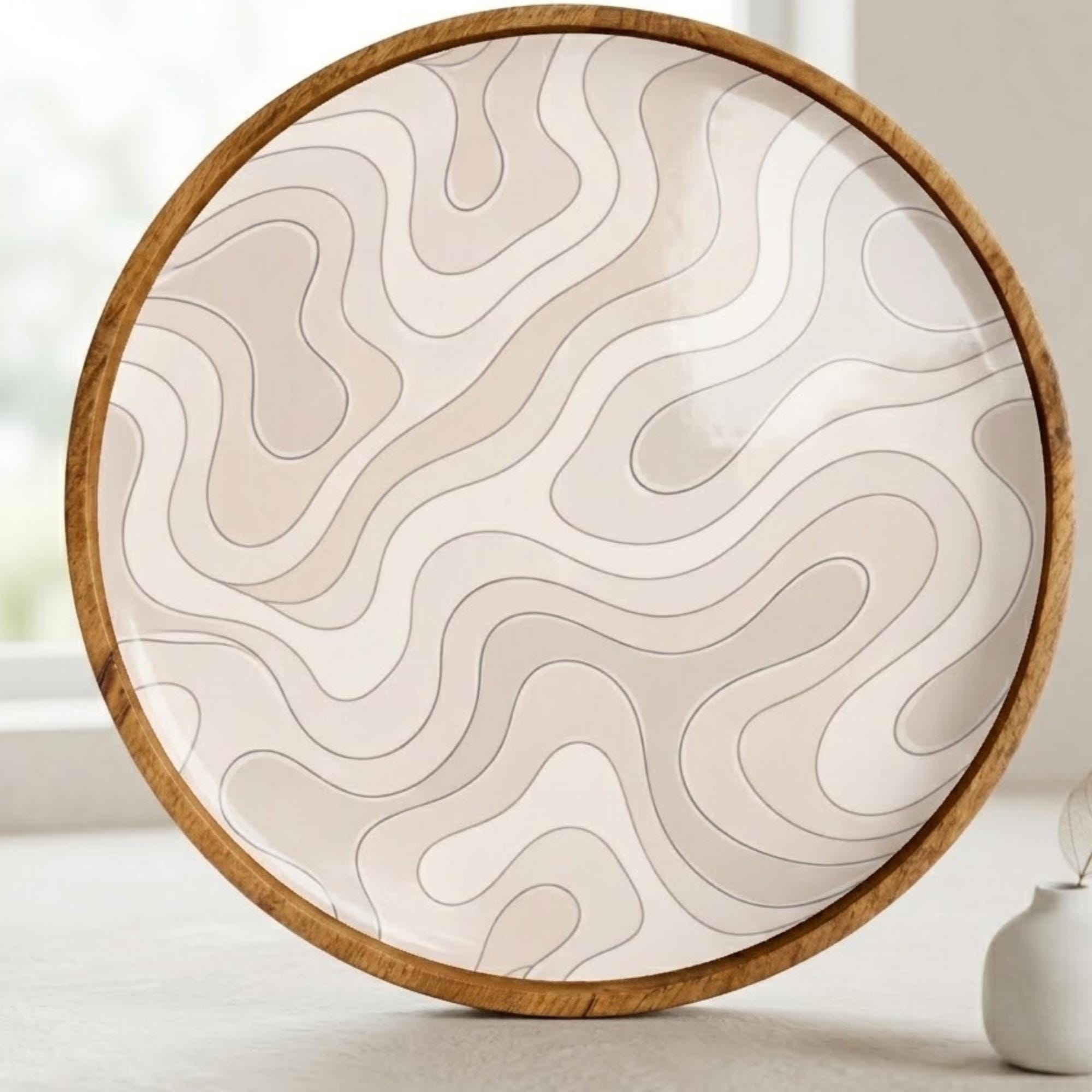 Abstract Wooden Tray Printed | Mango Wood Round Tea Serving Decor