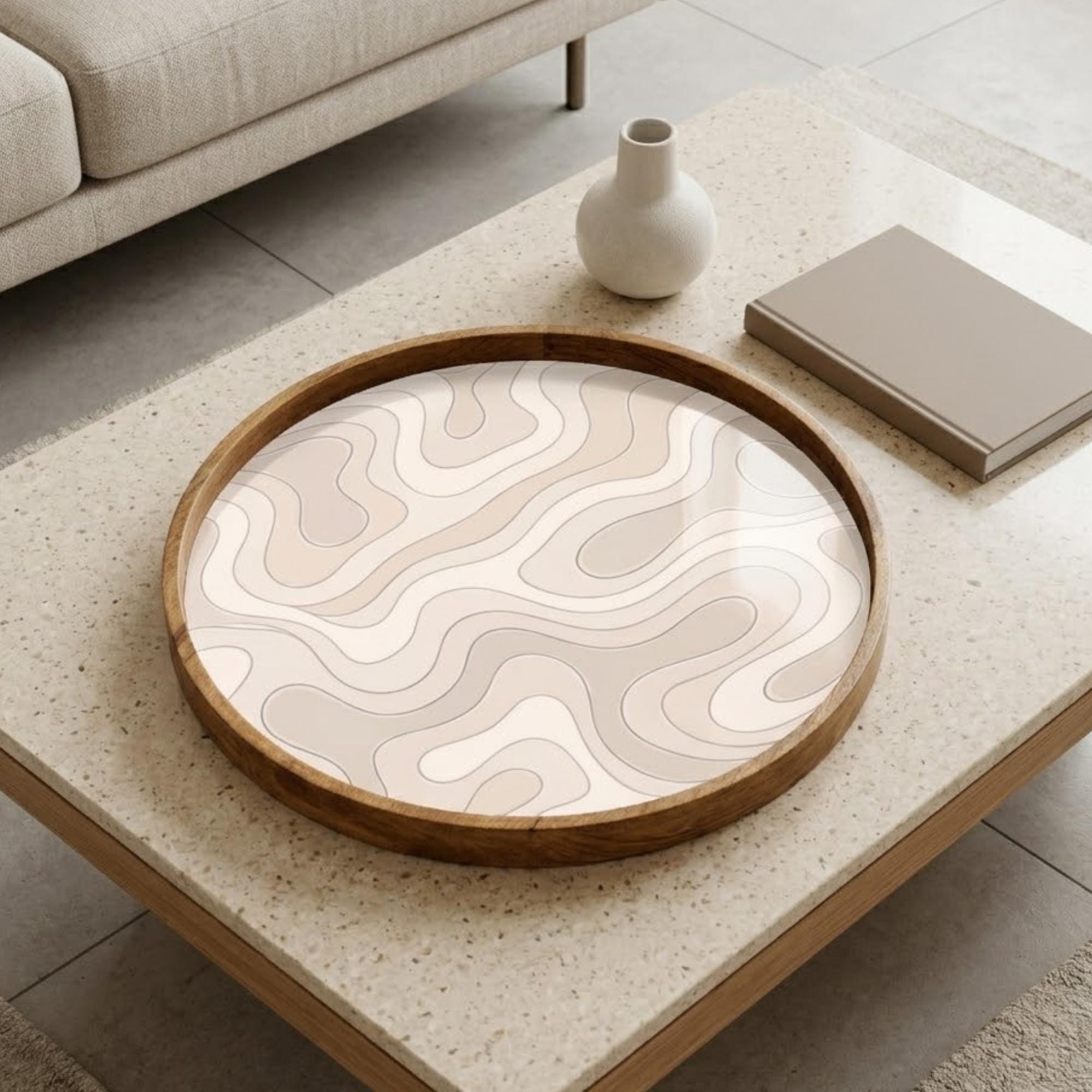 Abstract Wooden Tray Printed | Mango Wood Round Tea Serving Decor