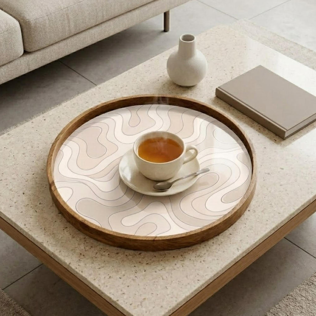 Abstract Wooden Tray Printed | Mango Wood Round Tea Serving Decor