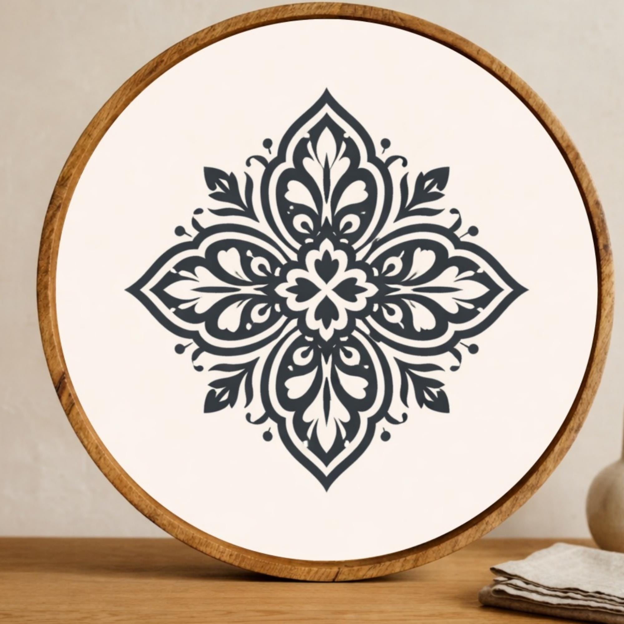 Black Mandala Wooden Tray Printed | Mango Wood Round Tea Serving Decor