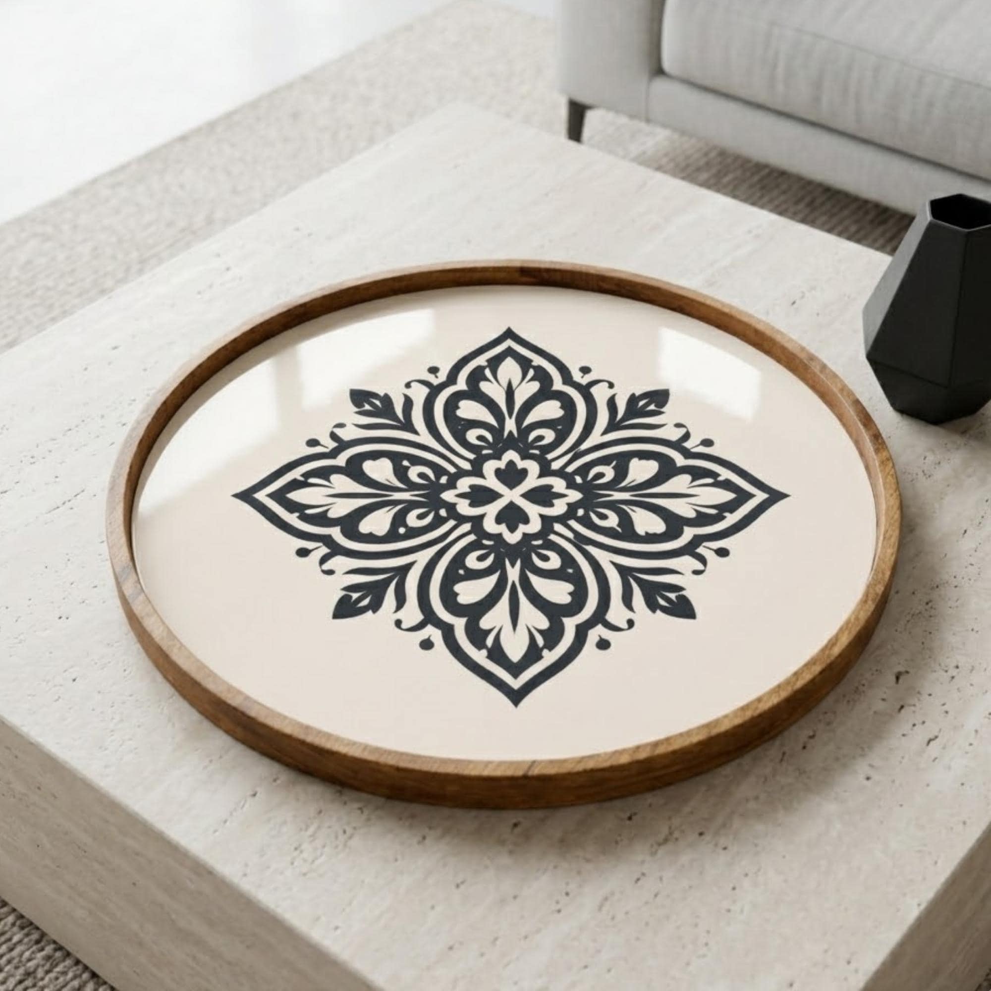 Black Mandala Wooden Tray Printed | Mango Wood Round Tea Serving Decor
