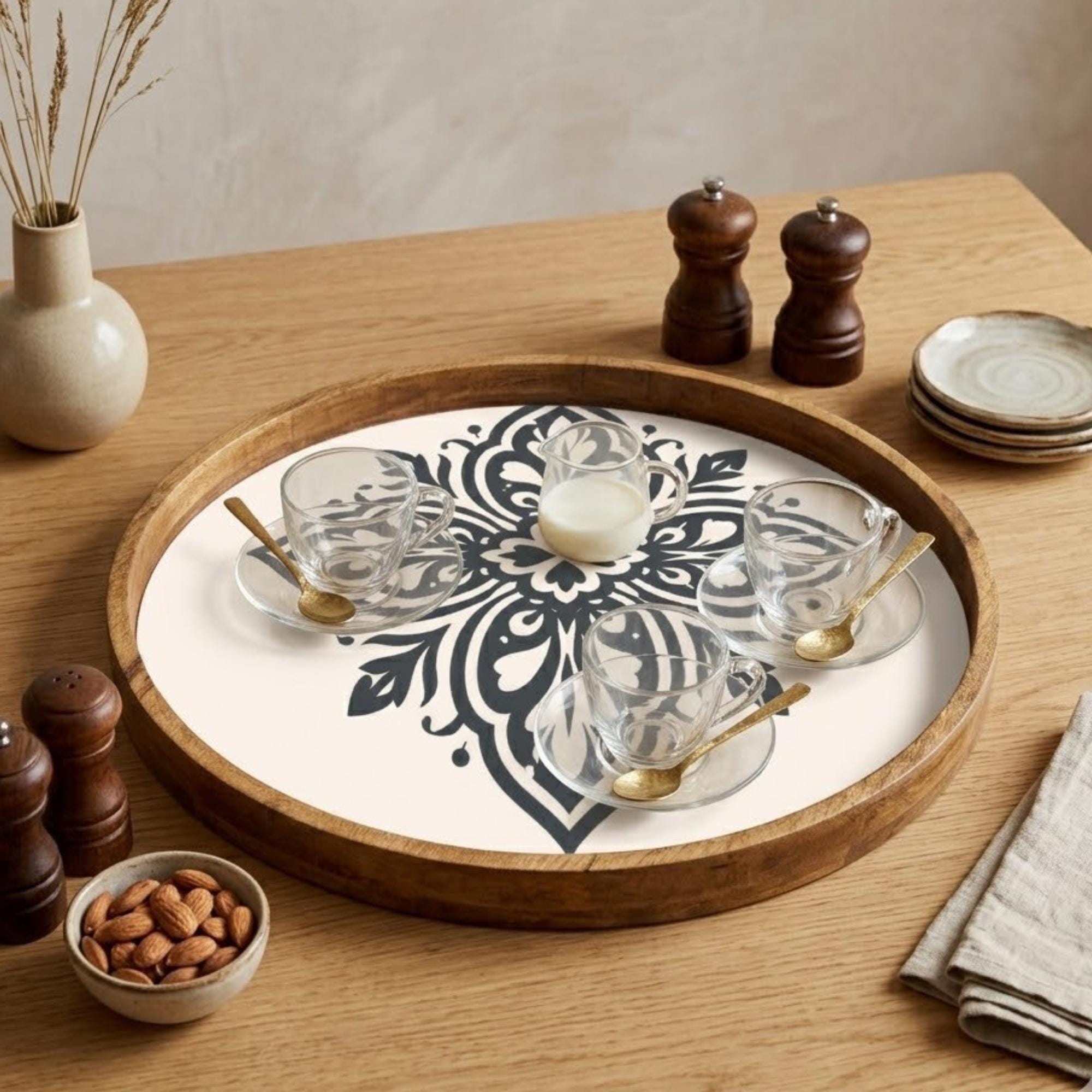 Black Mandala Wooden Tray Printed | Mango Wood Round Tea Serving Decor