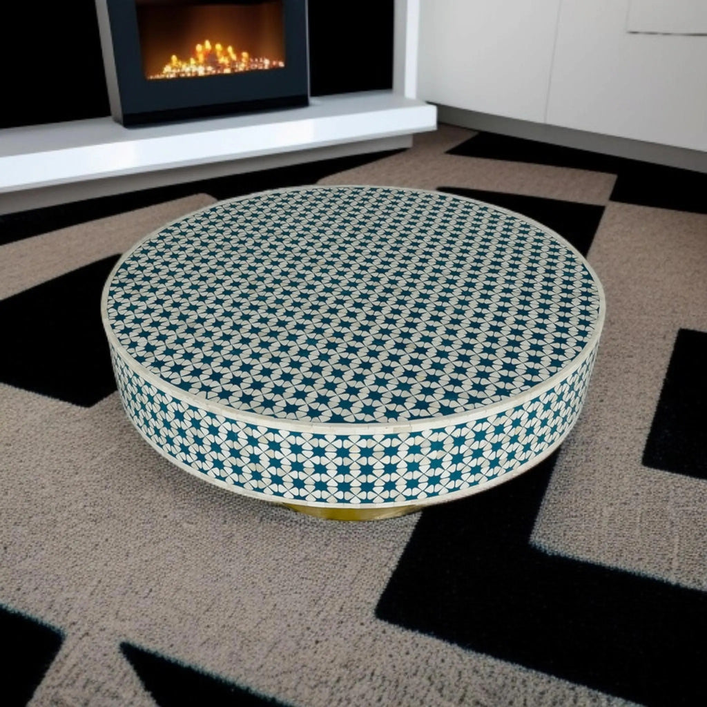 Handmade Bone Inlay Coffee Table | Blue & White Resin Design with Elegant Brass Base | Premium Decorative Center Table