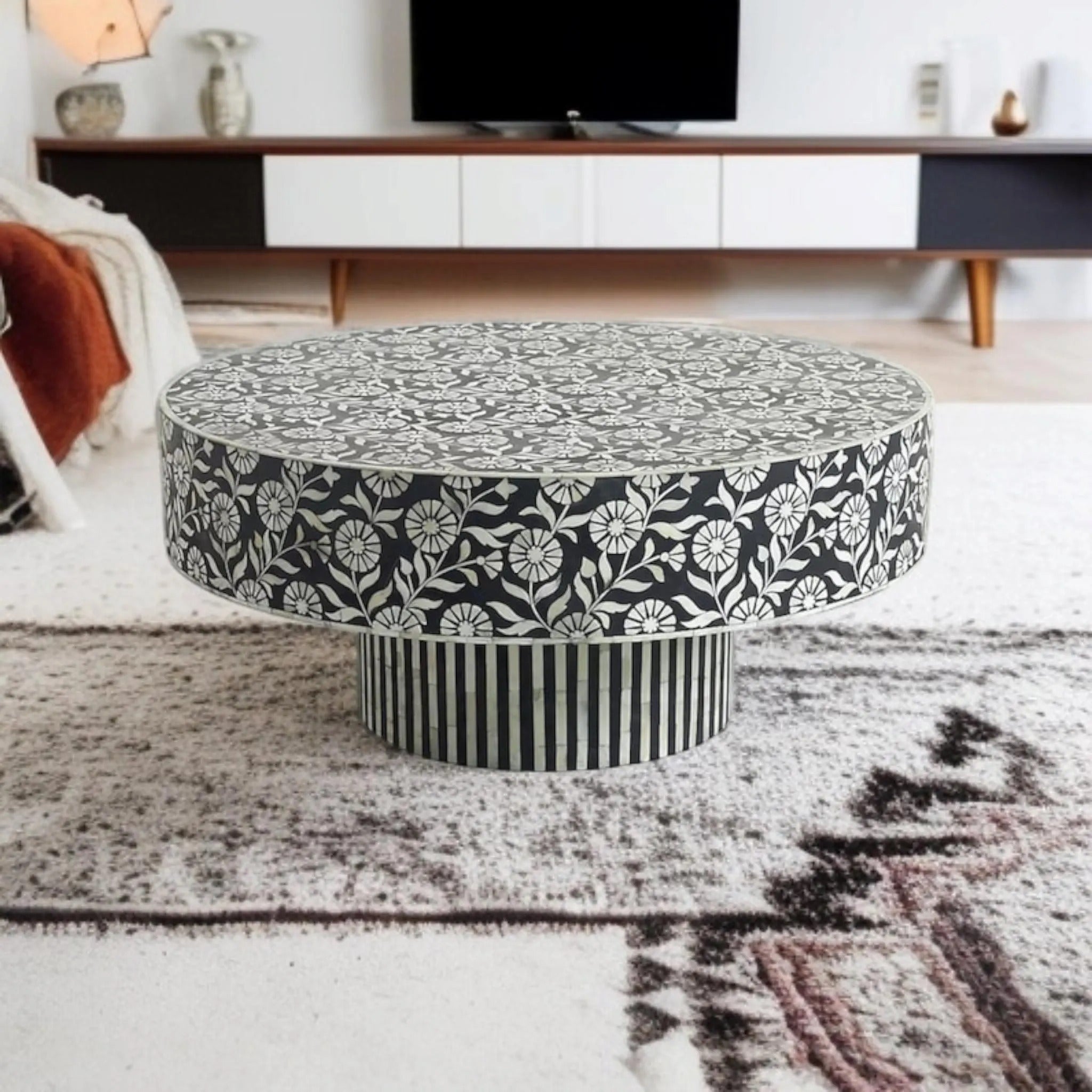 Bone Inlay Coffee Table Handmade | Elegant Floral Resin Center Table | Premium Designer Living Room Accent Table