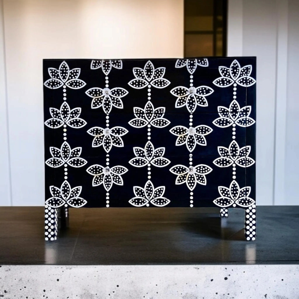 Black Resin Floral Bone Inlay Cabinet | Luxury Sideboard with Gold Legs | Handcrafted Decorative Storage Furniture