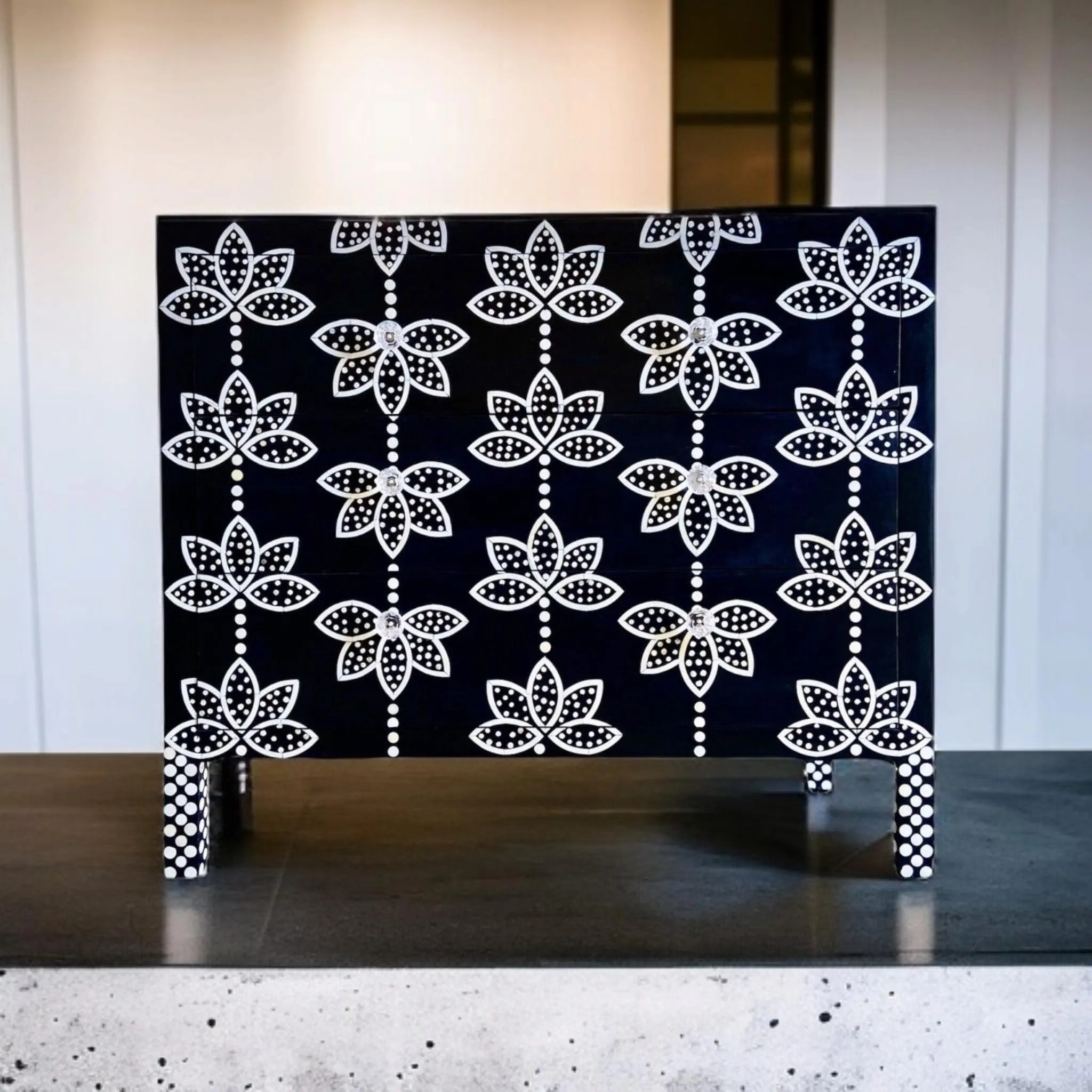 Black Resin Floral Bone Inlay Cabinet | Luxury Sideboard with Gold Legs | Handcrafted Decorative Storage Furniture