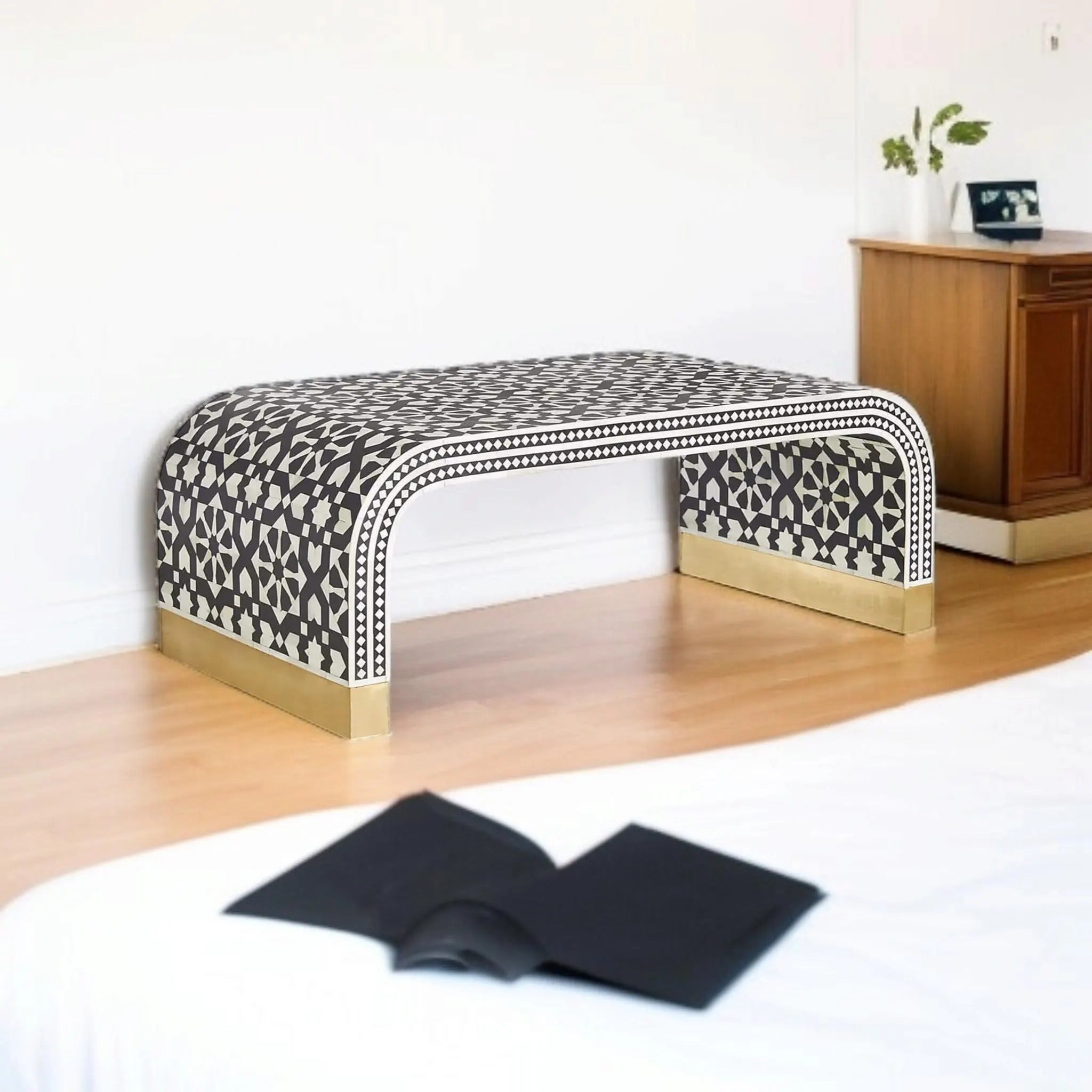 Bone Inlay U-Shape Coffee Table | Handmade Moroccan Geometric Resin Design | Elegant Designer Table for Home Décor