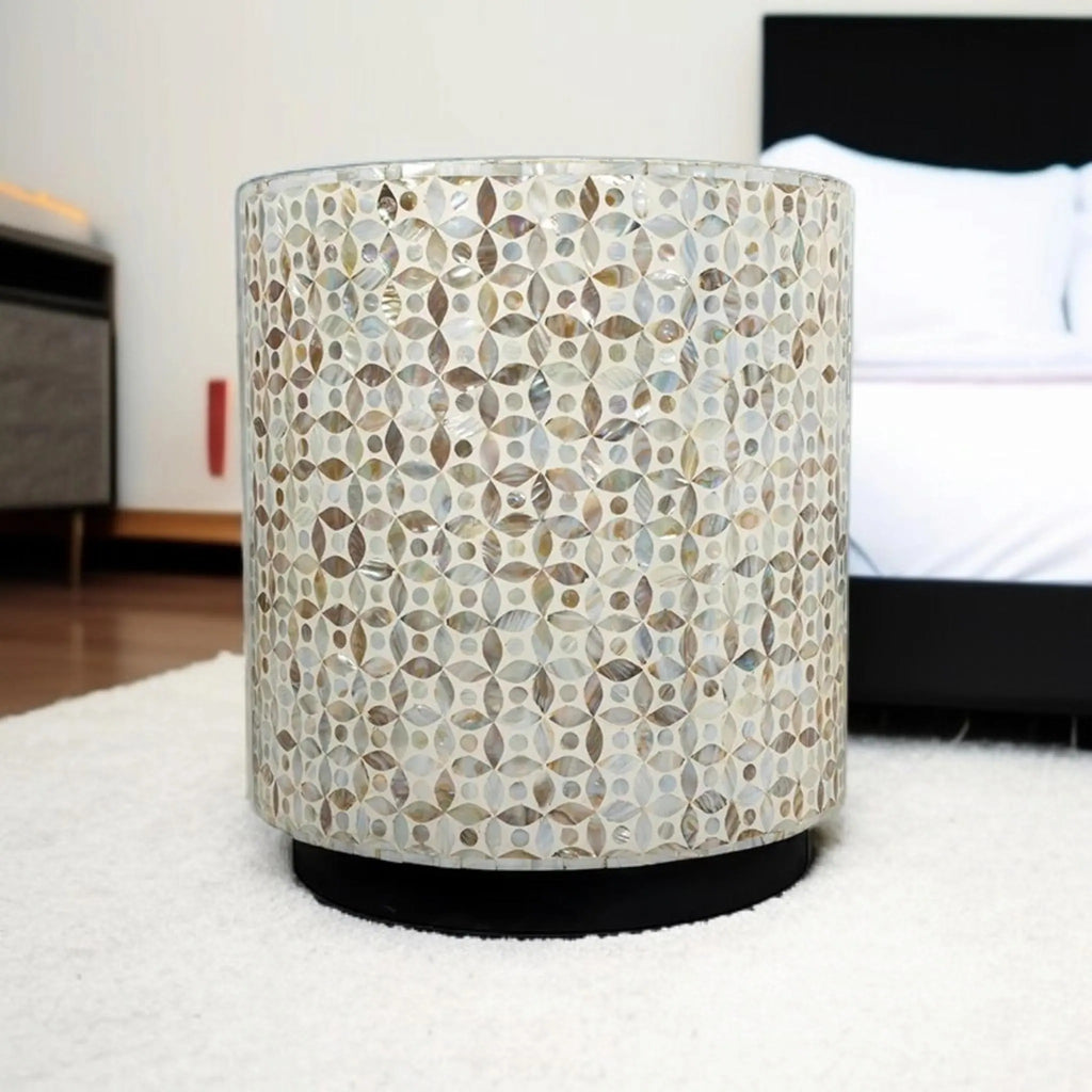 MOP Inlay Side Table | Handmade Boho Floral End Table | Luxury Mother of Pearl Accent Piece for Home Décor