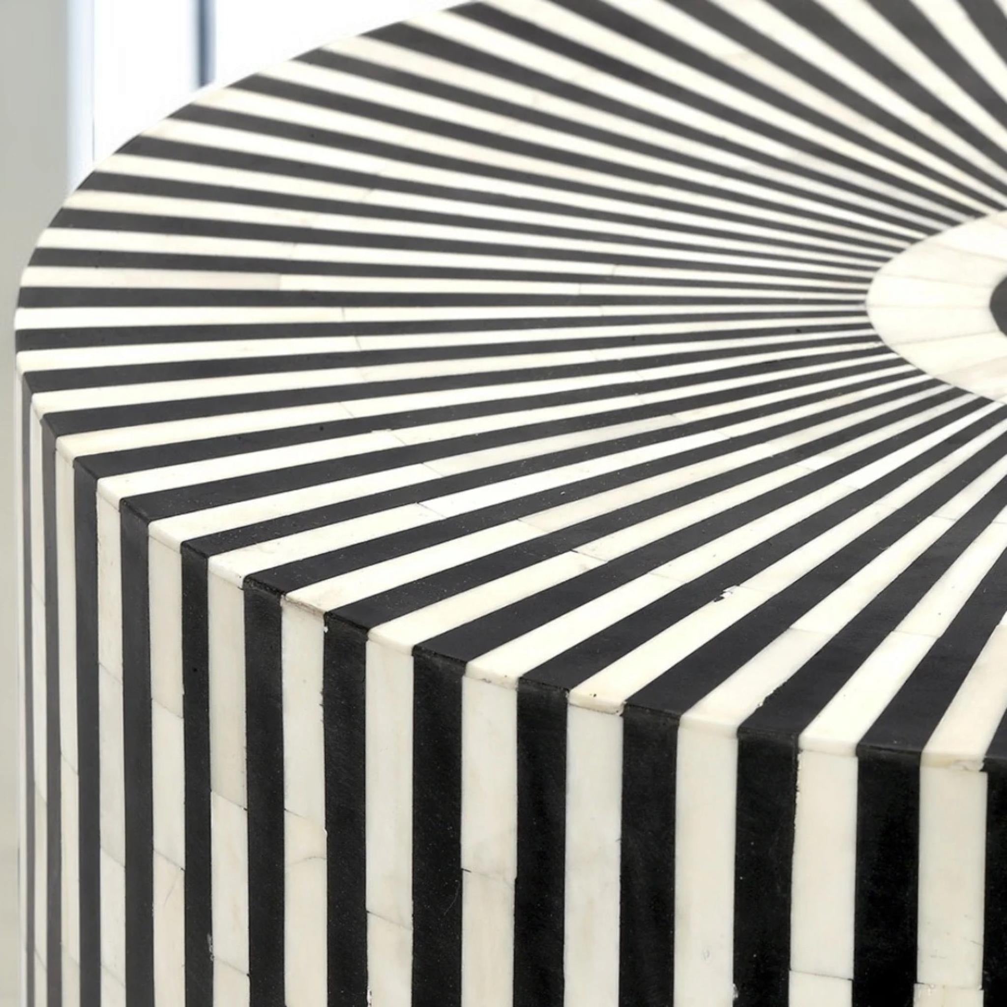 Black & White Striped Bone Inlay Drum Table | Handmade End Table for Living Room & Bedroom | Stylish Inlay Accent Furniture