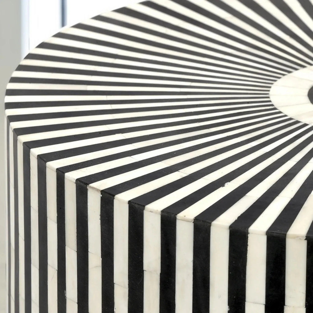 Handmade Bone Inlay Drum End Table | Black & White Striped Side Table | Stylish Decorative Furniture for Modern Homes