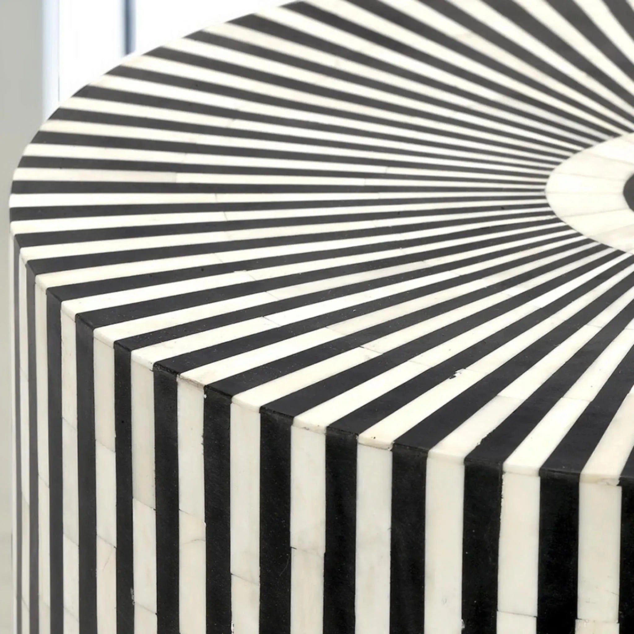 Handmade Bone Inlay Drum End Table | Black & White Striped Side Table | Stylish Decorative Furniture for Modern Homes