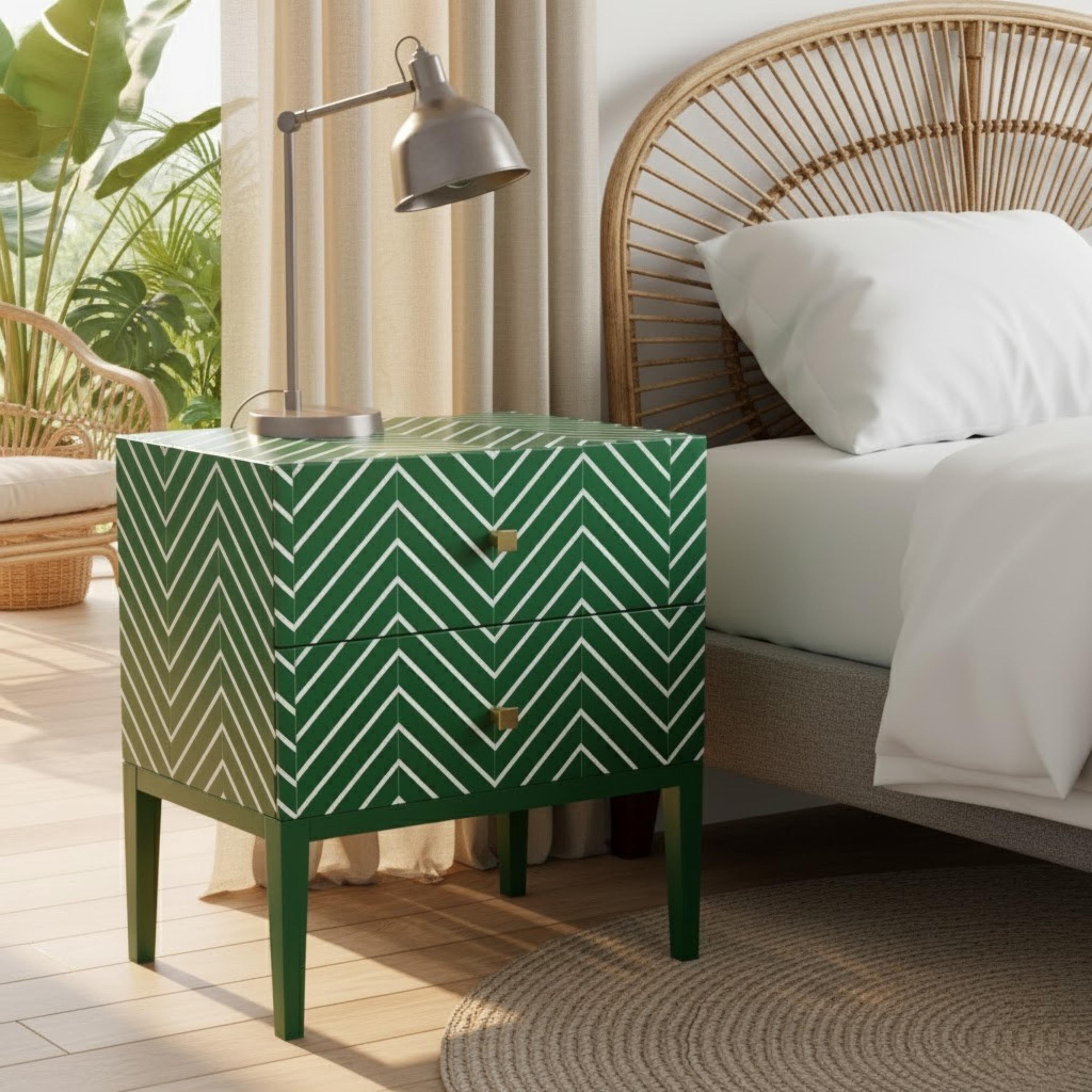 Green Bone Inlay Nightstand | Chevron Bedside Table | Handmade Decorative Accent Table for Bedroom & Living Room