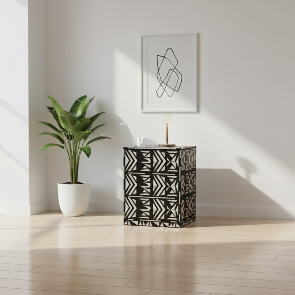 Black & White Tribal Bone Inlay Nightstand | Handmade Bedside Table | Elegant Accent Table for Bedroom & Living Room