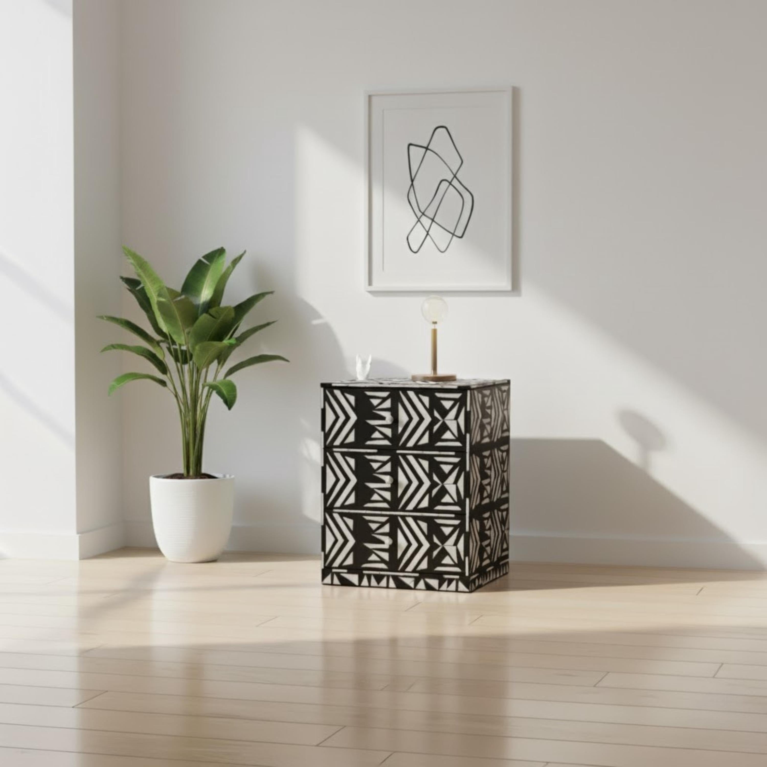 Black & White Tribal Bone Inlay Nightstand | Handmade Bedside Table | Elegant Accent Table for Bedroom & Living Room