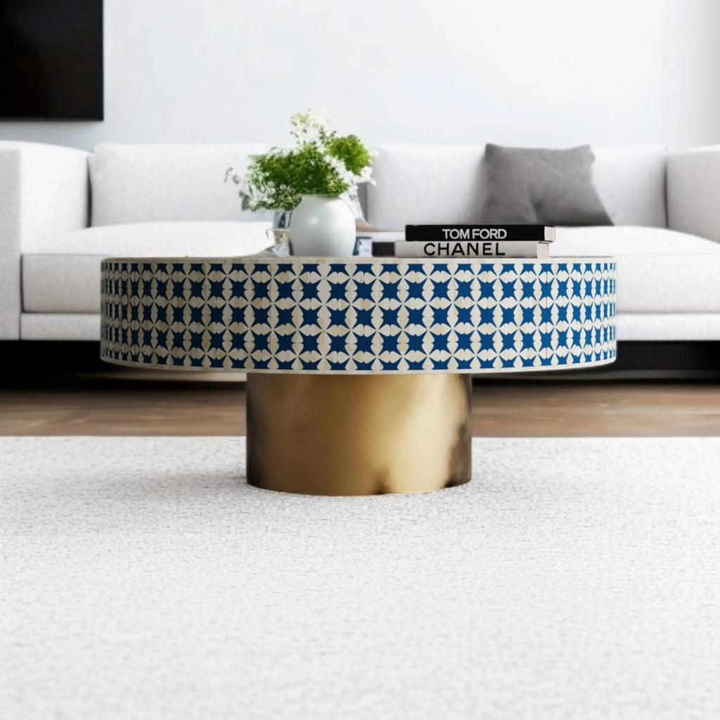 Handmade Bone Inlay Coffee Table | Blue & White Resin Design with Elegant Brass Base | Premium Decorative Center Table