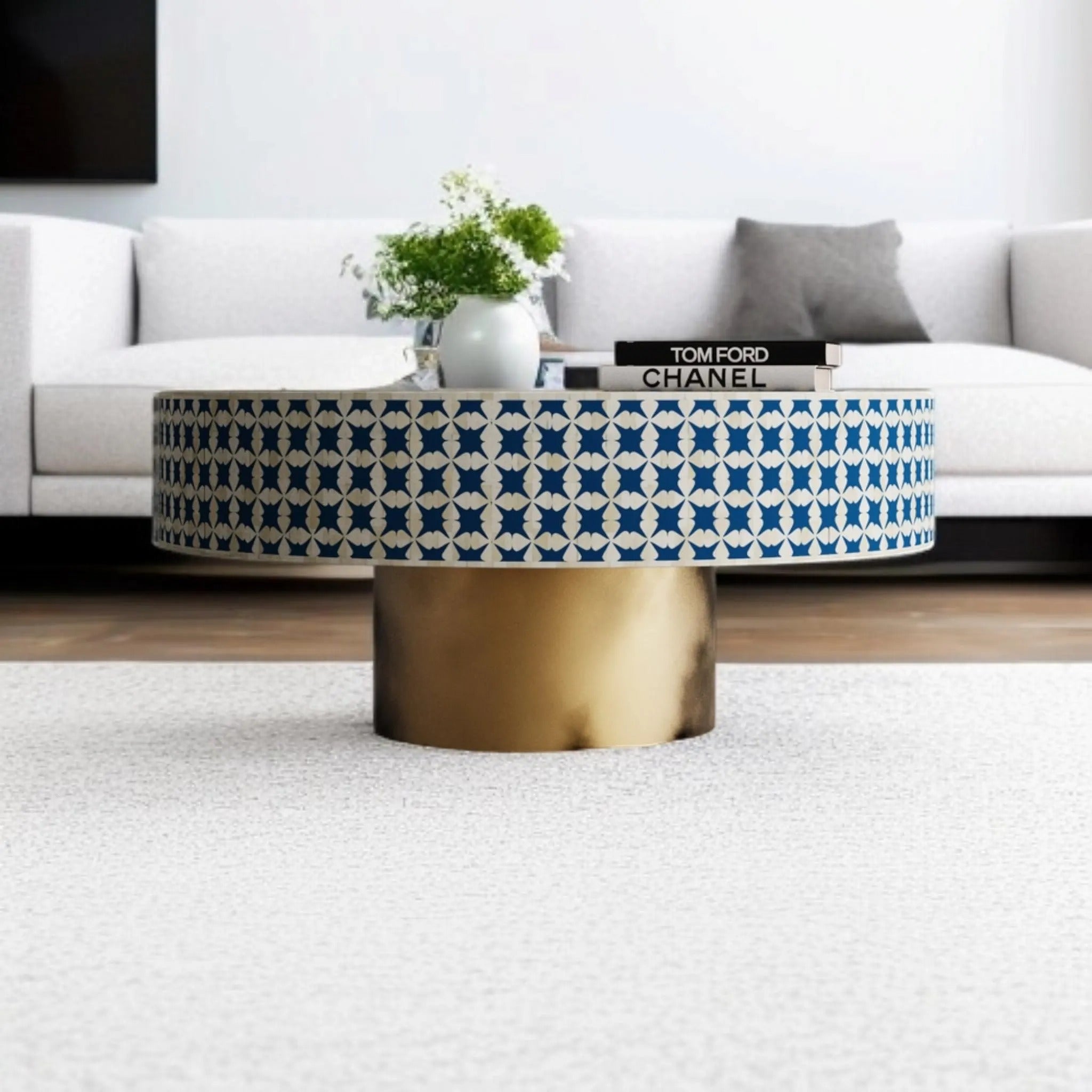 Handmade Bone Inlay Coffee Table | Blue & White Resin Design with Elegant Brass Base | Premium Decorative Center Table