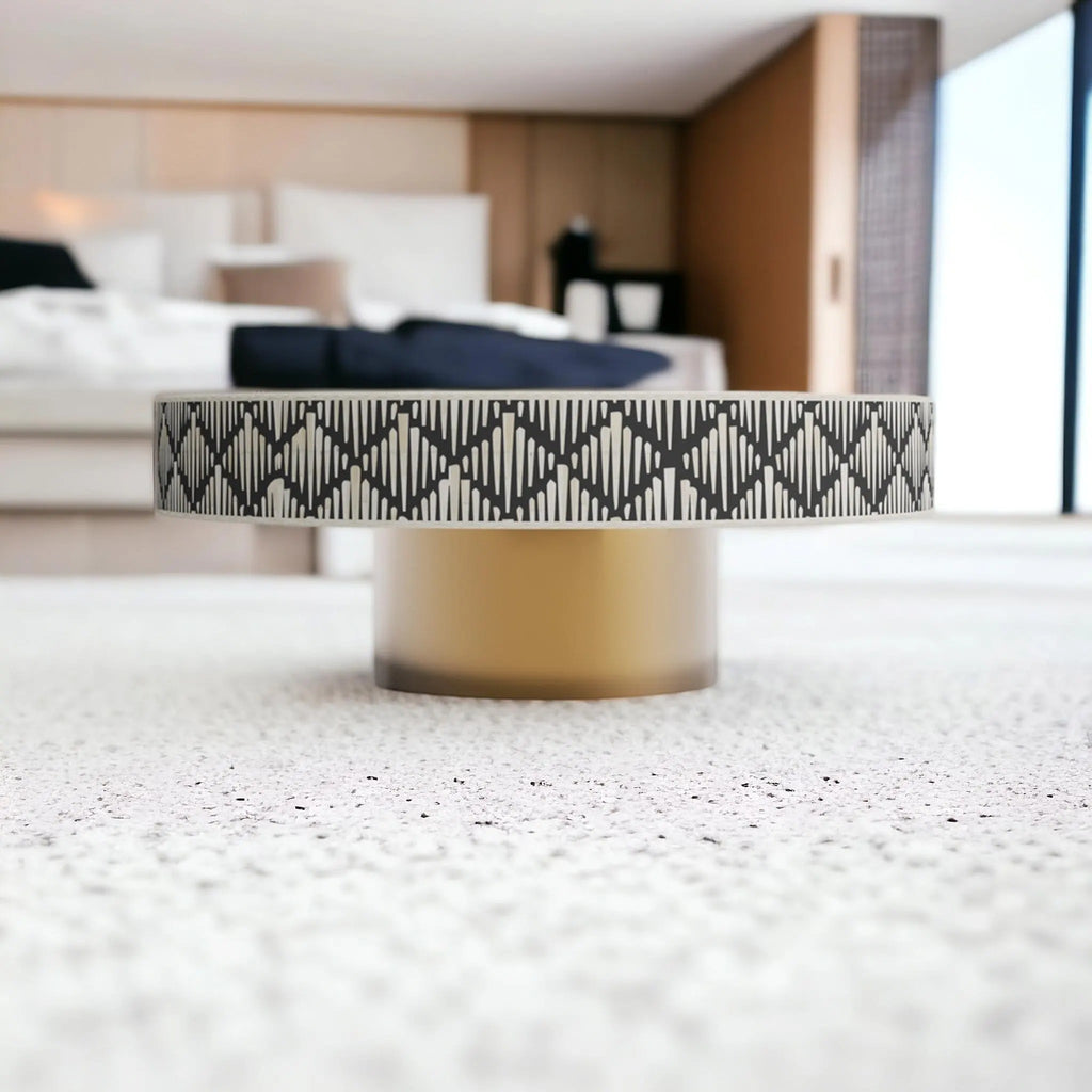 Round Bone Inlay Coffee Table | Geometric Resin Accent Design | Handcrafted Living Room Center Table