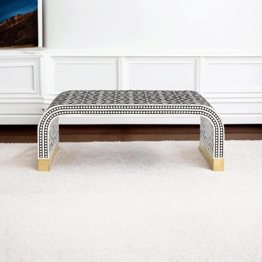 Bone Inlay U-Shape Coffee Table | Handmade Moroccan Geometric Resin Design | Elegant Designer Table for Home Décor
