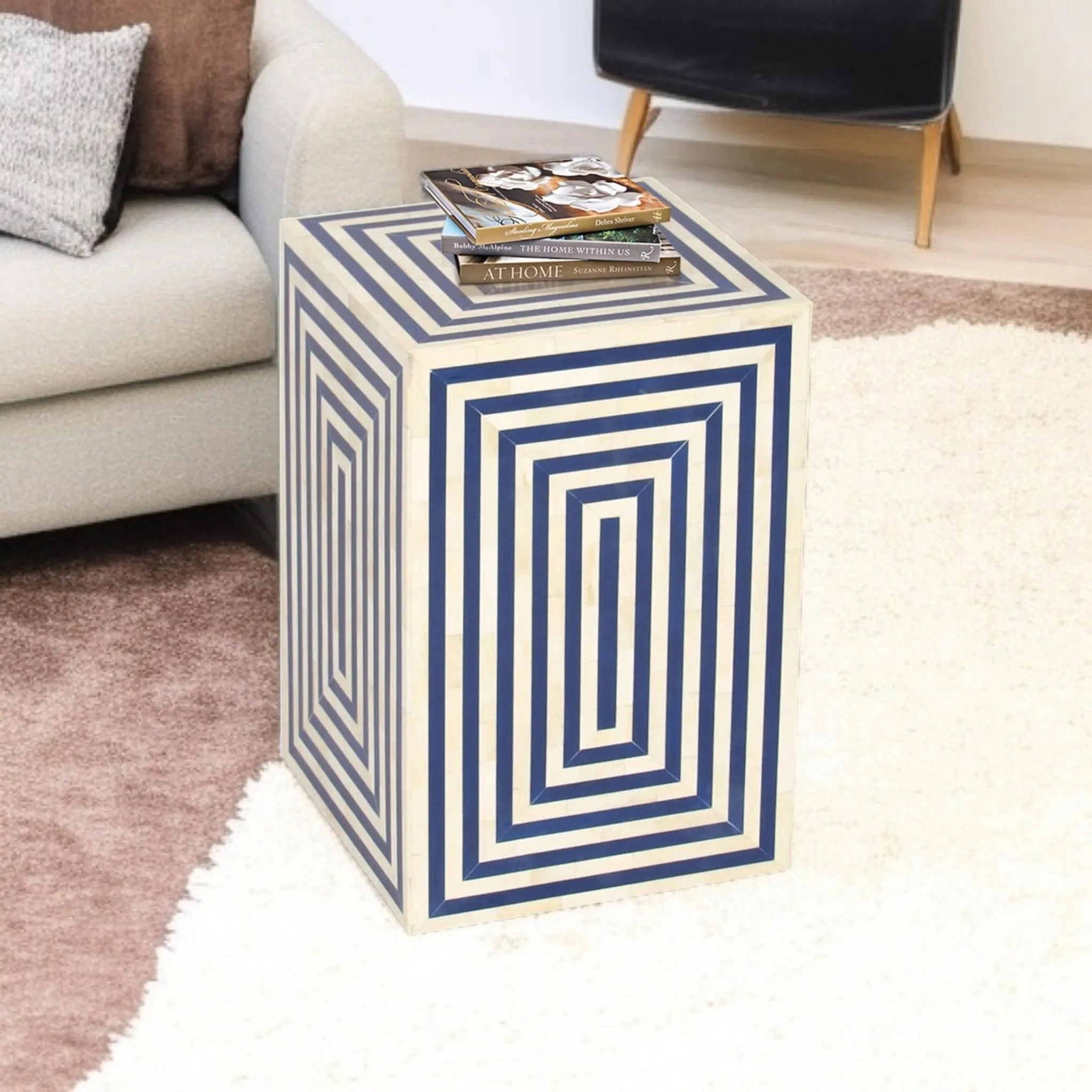 Modern Bone Inlay Side Table | Geometric Resin Pattern End Table | Handmade Decorative Accent Furniture Piece
