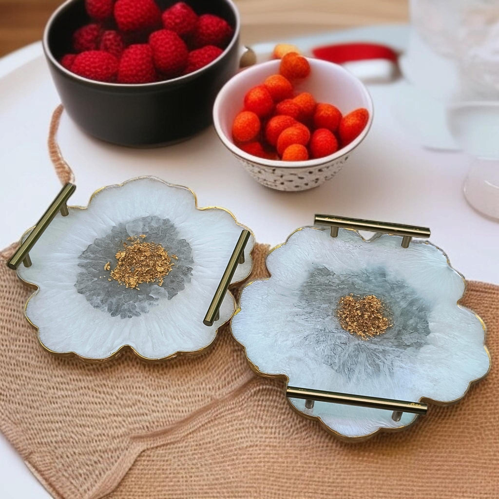 Epoxy Resin Floral Tray with Gold Flakes & Brass Handle | Stylish Handmade Serving Tray for Parties, Snacks, Gifts & Decoration