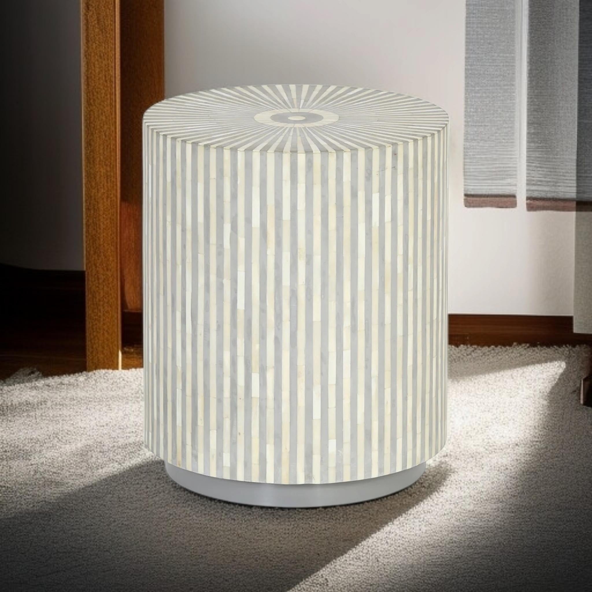 Black & White Striped Bone Inlay Drum Table | Handmade End Table for Living Room & Bedroom | Stylish Inlay Accent Furniture