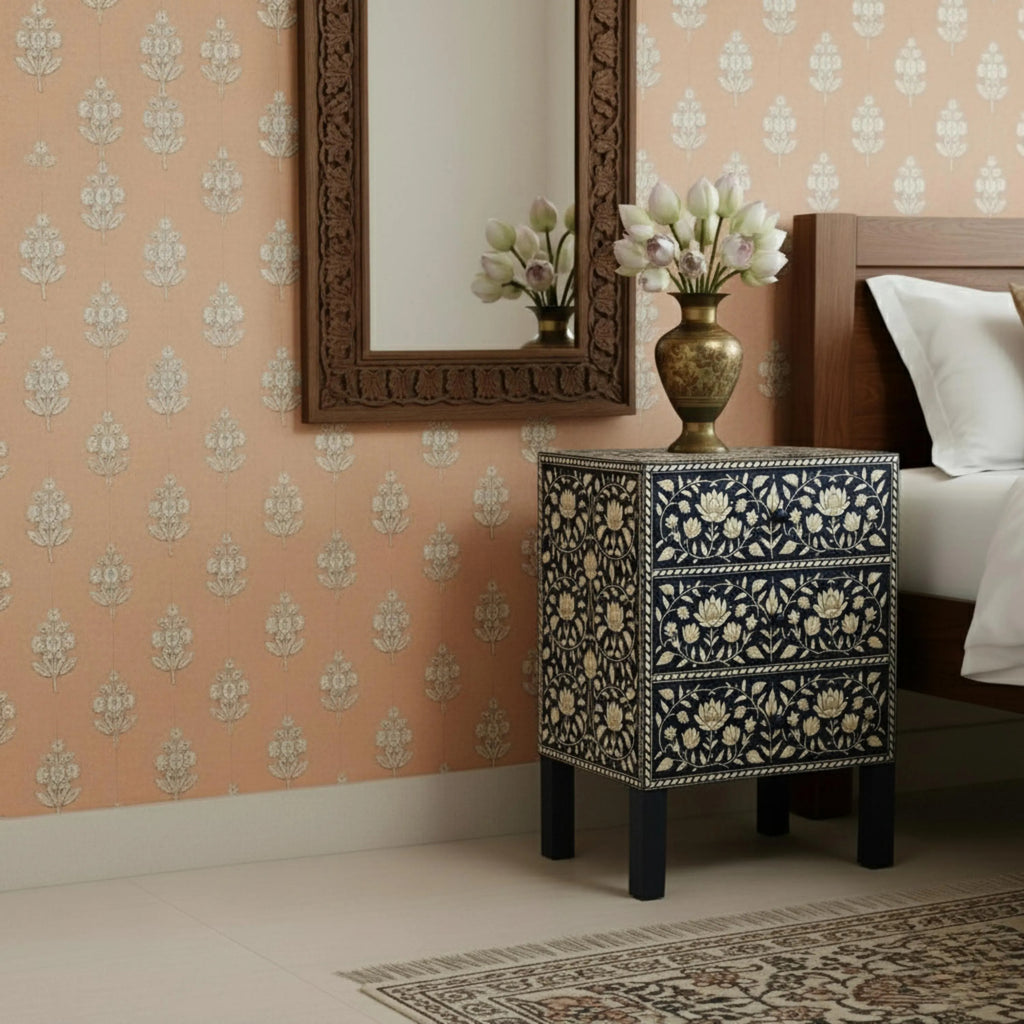 Floral Resin Black Bone Inlay Nightstand | Handmade Bedside Table | Elegant Accent Table for Bedroom & Living Room