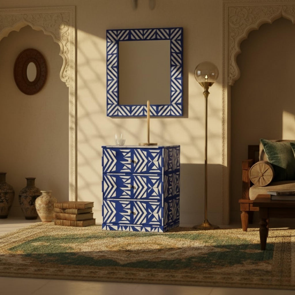 Black & White Tribal Bone Inlay Nightstand | Handmade Bedside Table | Elegant Accent Table for Bedroom & Living Room