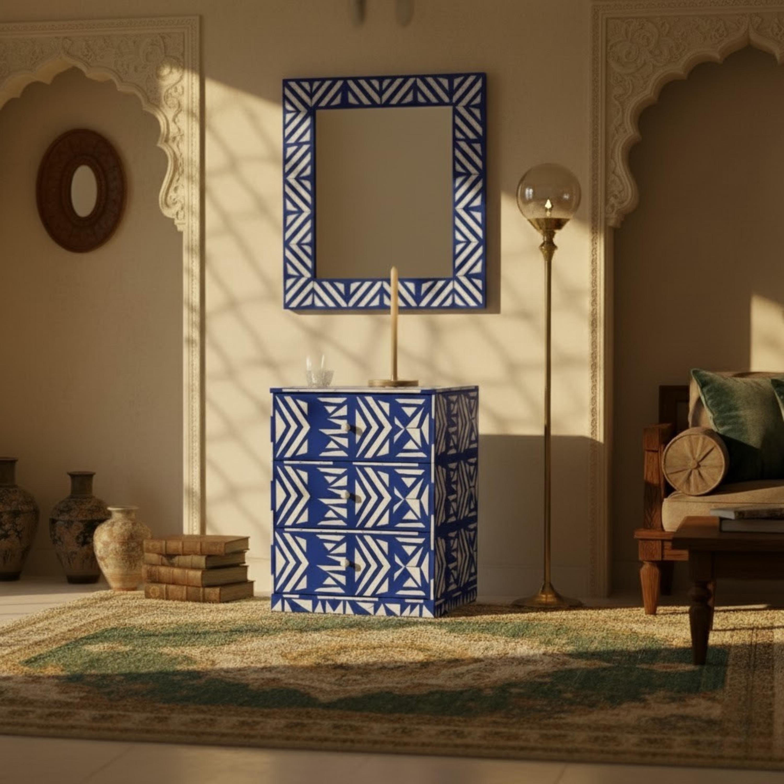 Black & White Tribal Bone Inlay Nightstand | Handmade Bedside Table | Elegant Accent Table for Bedroom & Living Room