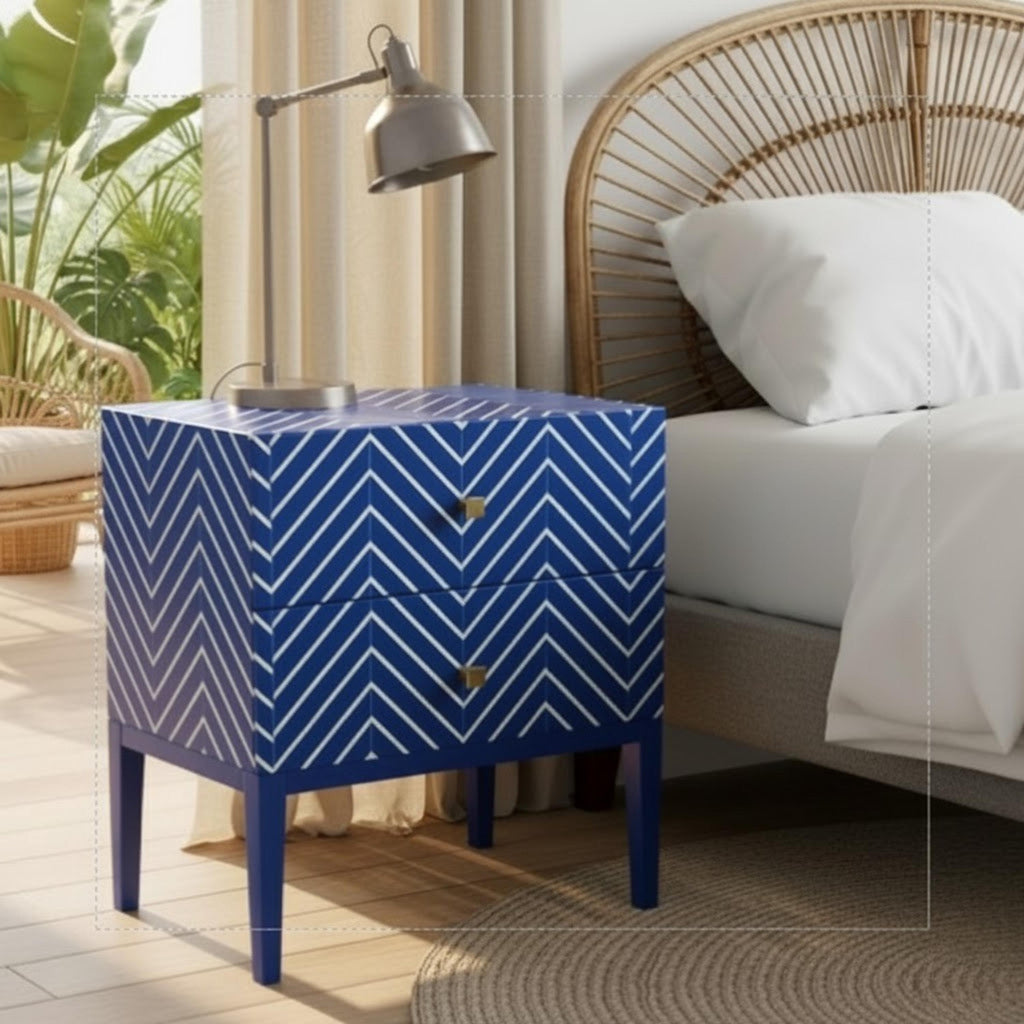 Green Bone Inlay Nightstand | Chevron Bedside Table | Handmade Decorative Accent Table for Bedroom & Living Room