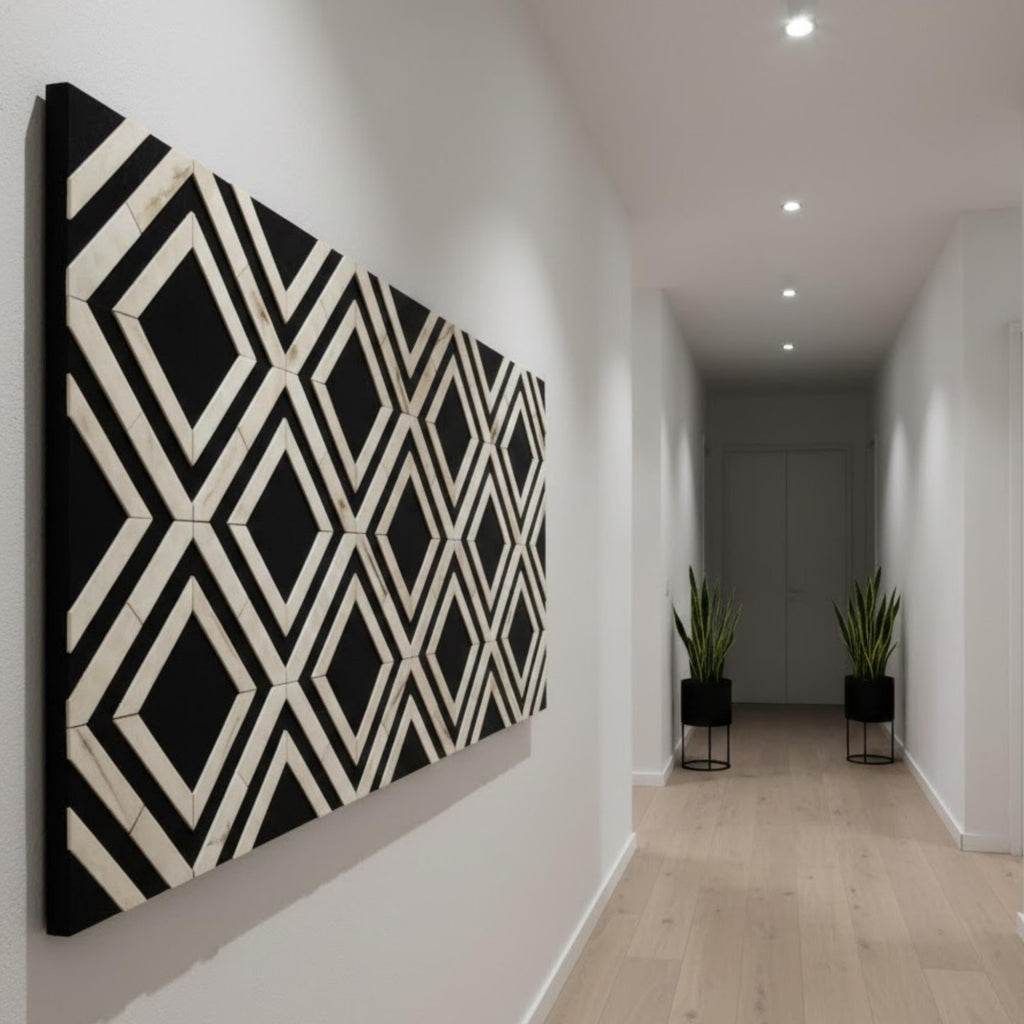 Geometric Diamond Bone Inlay Resin Wall Art | Handmade Decorative Panel for Living Rooms, Bedrooms & Modern Accent Spaces