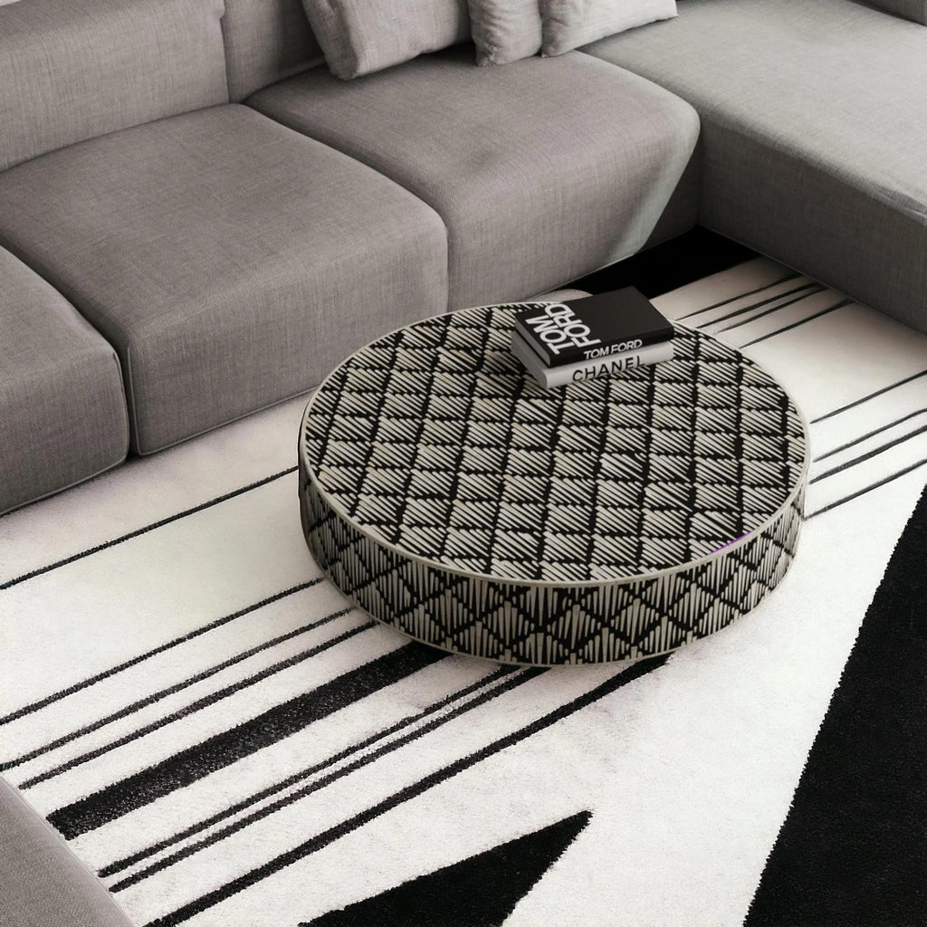 Round Bone Inlay Coffee Table | Geometric Resin Accent Design | Handcrafted Living Room Center Table