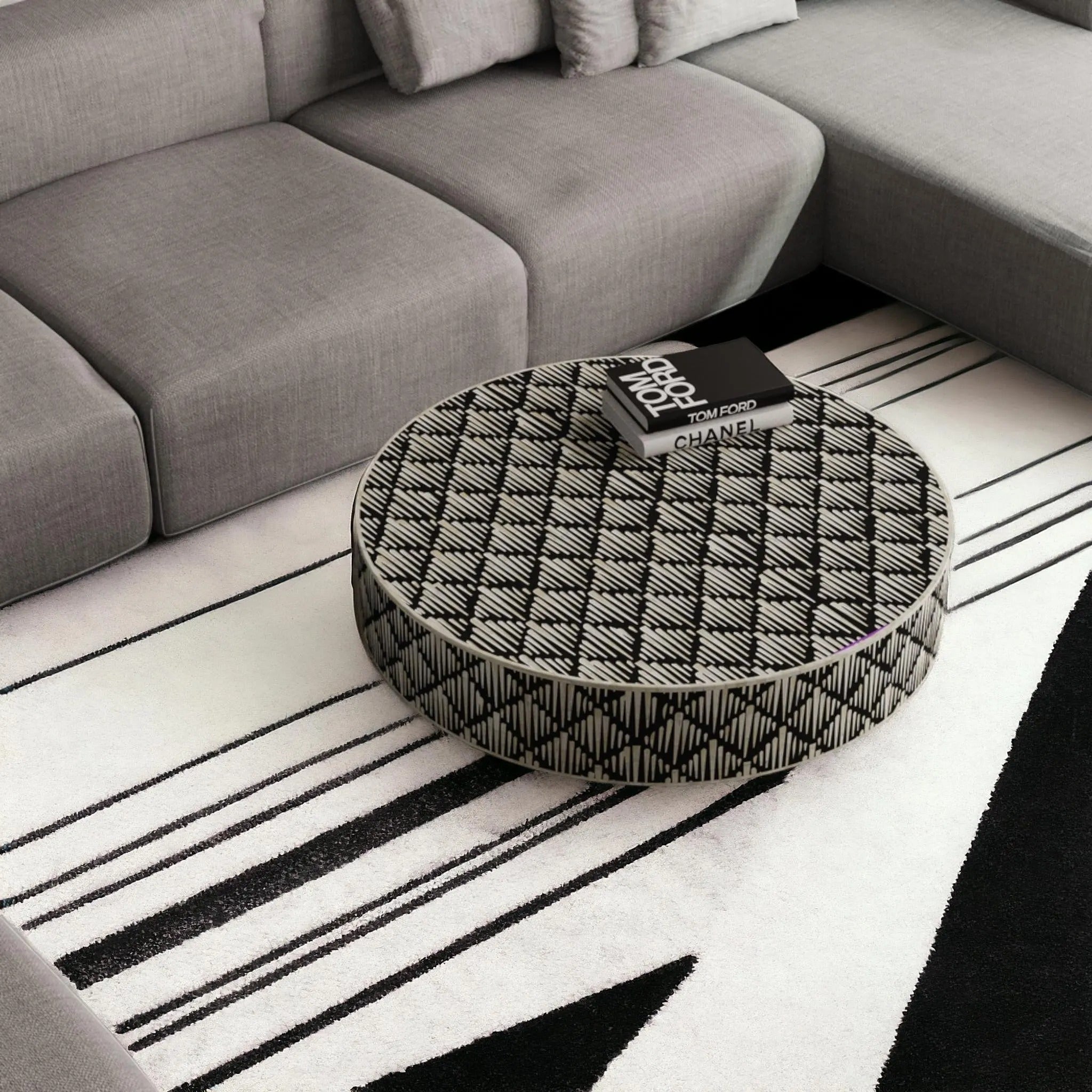 Round Bone Inlay Coffee Table | Geometric Resin Accent Design | Handcrafted Living Room Center Table