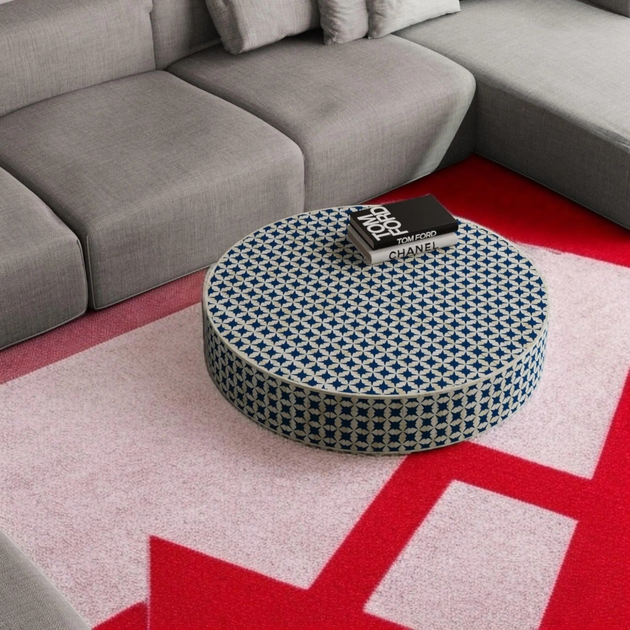 Handmade Bone Inlay Coffee Table | Blue & White Resin Design with Elegant Brass Base | Premium Decorative Center Table