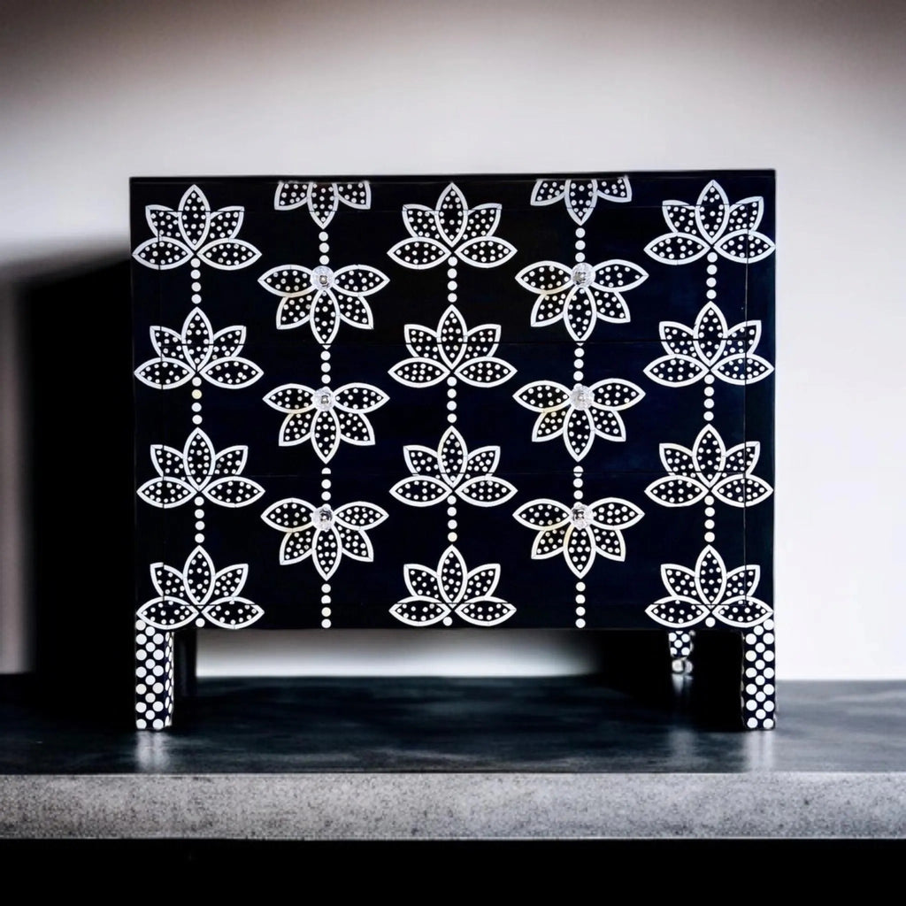 Black Resin Floral Bone Inlay Cabinet | Luxury Sideboard with Gold Legs | Handcrafted Decorative Storage Furniture