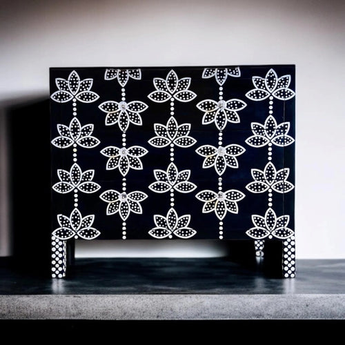 Black Resin Floral Bone Inlay Cabinet | Luxury Sideboard with Gold Legs | Handcrafted Decorative Storage Furniture
